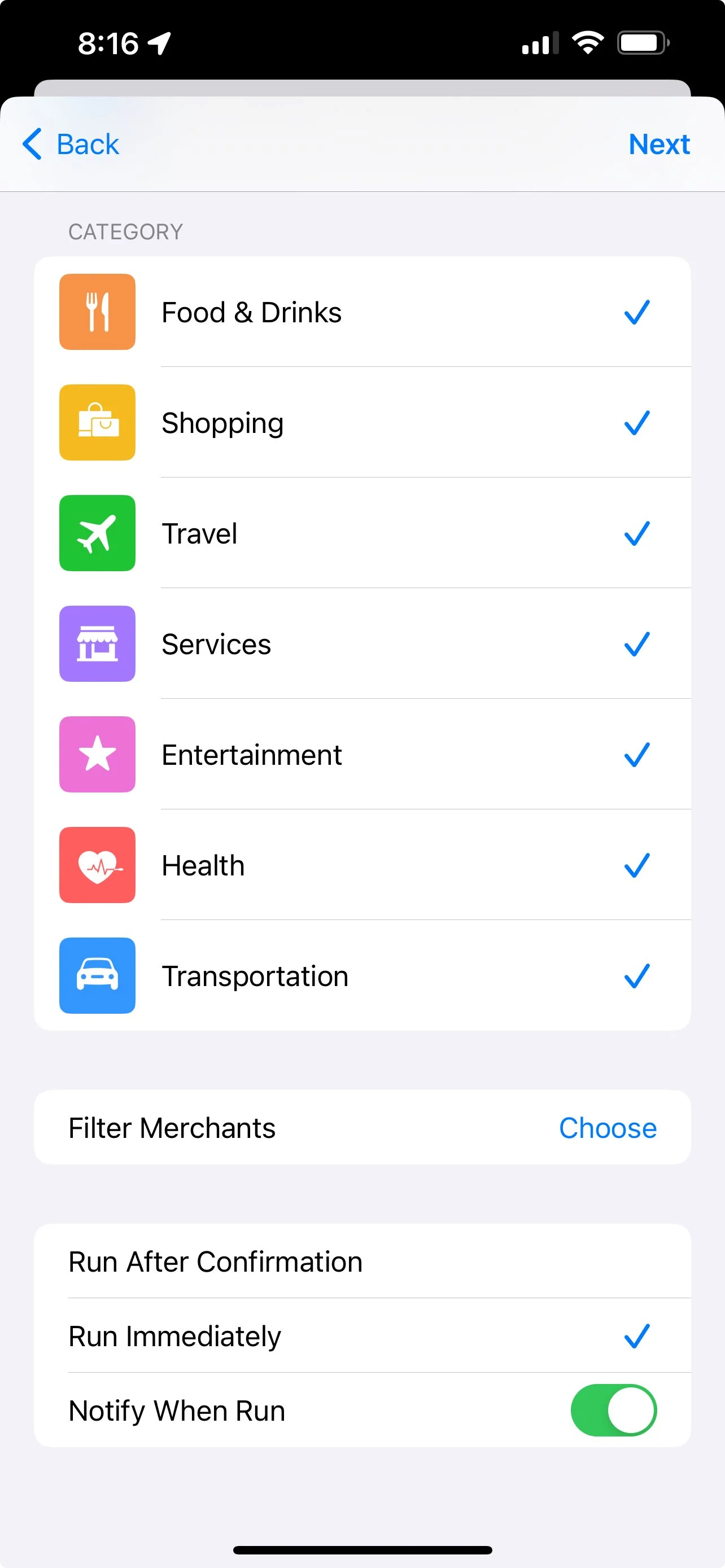Transaction automation category picker