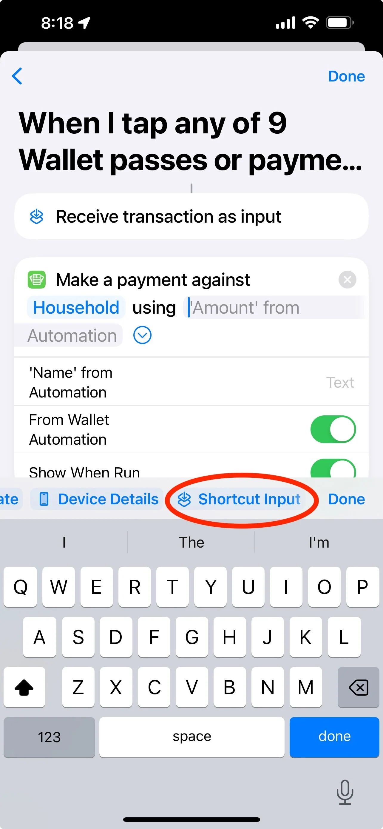 Selecting the name field in Shortcuts
