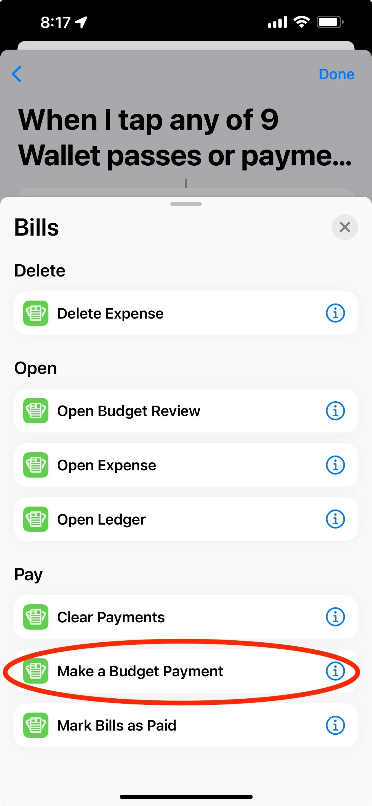 Selecting the Bills to Budget action